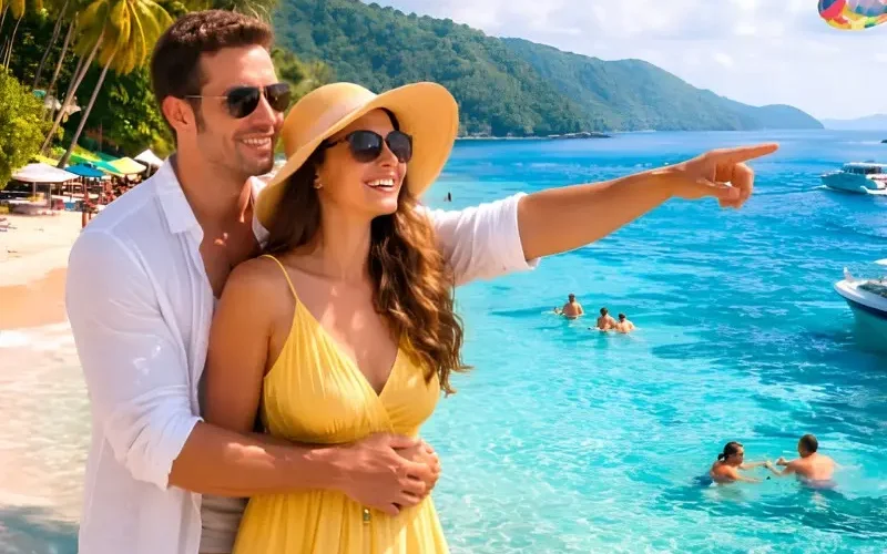 Romantic Andaman honeymoon couple enjoying crystal clear beach, island views, boat ride and tropical holiday vibes
