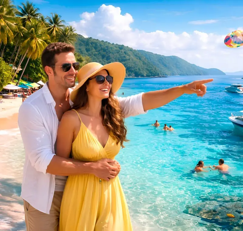 Romantic Andaman honeymoon couple enjoying crystal clear beach, island views, boat ride and tropical holiday vibes