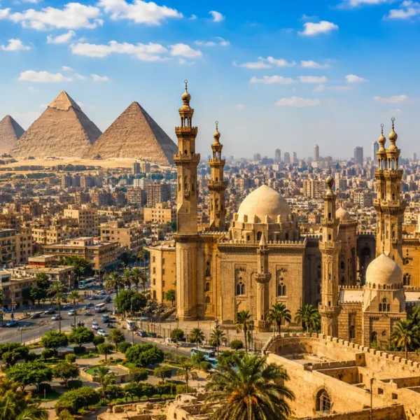 Bright daytime view of Cairo with historic mosque architecture, city skyline, palm trees, and Giza pyramids.