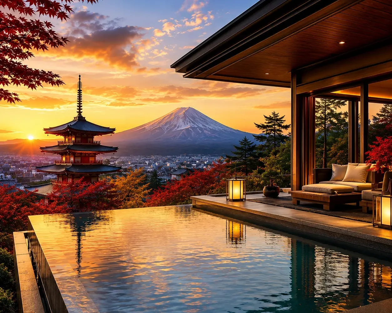 Luxury Japan travel destination featuring a modern infinity pool villa overlooking Mount Fuji, a traditional five-story pagoda, vibrant autumn maple trees, and a panoramic cityscape at golden sunset. No people.