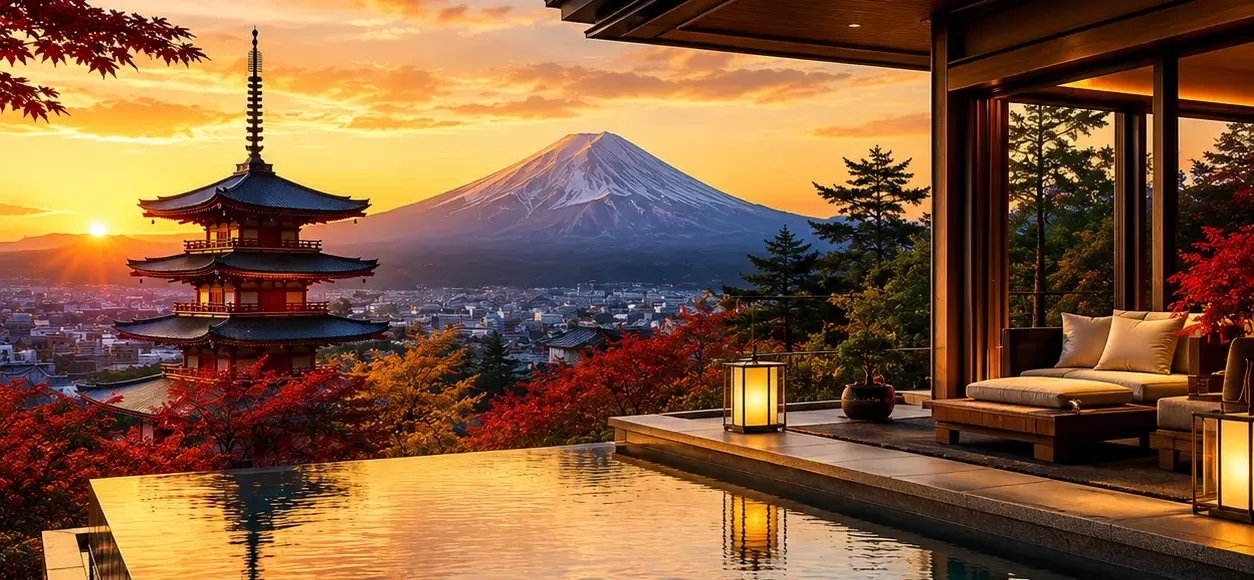 Luxury Japan travel destination featuring a modern infinity pool villa overlooking Mount Fuji, a traditional five-story pagoda, vibrant autumn maple trees, and a panoramic cityscape at golden sunset. No people.