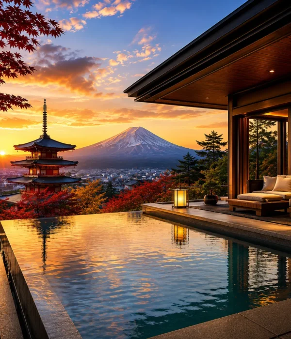 Luxury Japan travel destination featuring a modern infinity pool villa overlooking Mount Fuji, a traditional five-story pagoda, vibrant autumn maple trees, and a panoramic cityscape at golden sunset. No people.