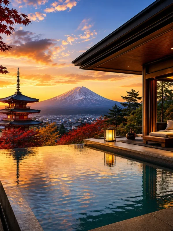 Luxury Japan travel destination featuring a modern infinity pool villa overlooking Mount Fuji, a traditional five-story pagoda, vibrant autumn maple trees, and a panoramic cityscape at golden sunset. No people.