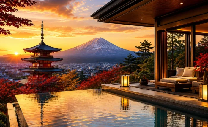 Luxury Japan travel destination featuring a modern infinity pool villa overlooking Mount Fuji, a traditional five-story pagoda, vibrant autumn maple trees, and a panoramic cityscape at golden sunset. No people.