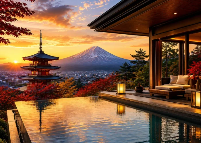 Luxury Japan travel destination featuring a modern infinity pool villa overlooking Mount Fuji, a traditional five-story pagoda, vibrant autumn maple trees, and a panoramic cityscape at golden sunset. No people.