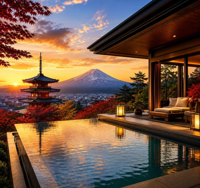 Luxury Japan travel destination featuring a modern infinity pool villa overlooking Mount Fuji, a traditional five-story pagoda, vibrant autumn maple trees, and a panoramic cityscape at golden sunset. No people.