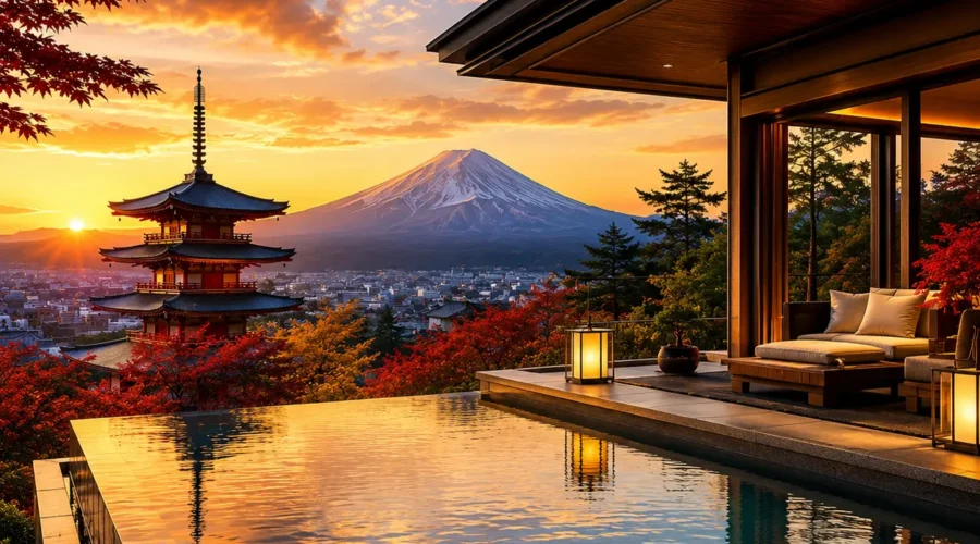 Luxury Japan travel destination featuring a modern infinity pool villa overlooking Mount Fuji, a traditional five-story pagoda, vibrant autumn maple trees, and a panoramic cityscape at golden sunset. No people.