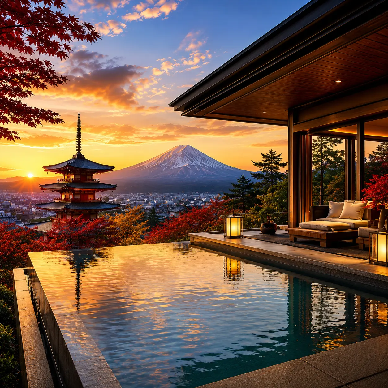 Luxury Japan travel destination featuring a modern infinity pool villa overlooking Mount Fuji, a traditional five-story pagoda, vibrant autumn maple trees, and a panoramic cityscape at golden sunset. No people.