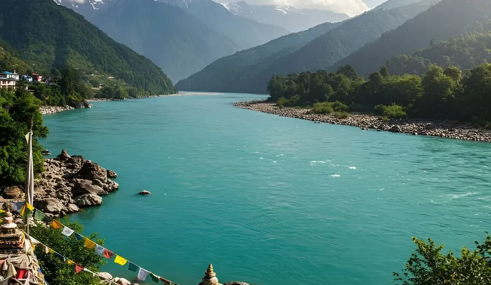 Complete Sikkim Darjeeling Explorer with turquoise river, Himalayan mountains, prayer flags and scenic nature views