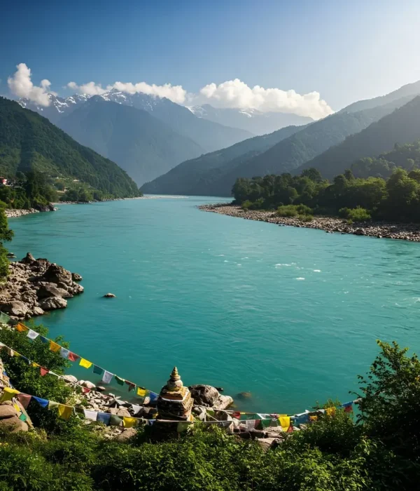 Complete Sikkim Darjeeling Explorer with turquoise river, Himalayan mountains, prayer flags and scenic nature views