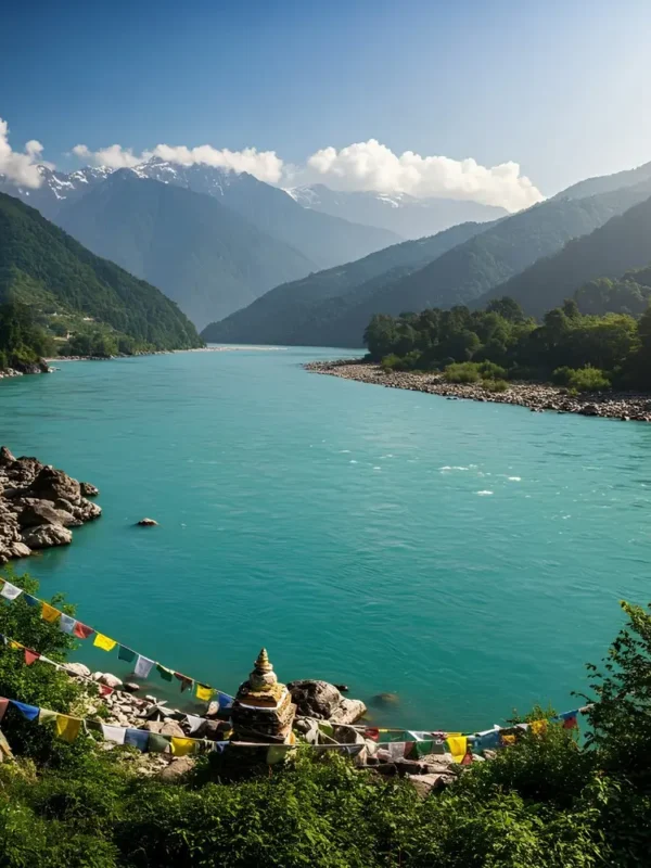 Complete Sikkim Darjeeling Explorer with turquoise river, Himalayan mountains, prayer flags and scenic nature views