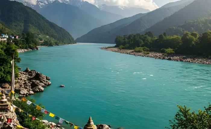 Complete Sikkim Darjeeling Explorer with turquoise river, Himalayan mountains, prayer flags and scenic nature views