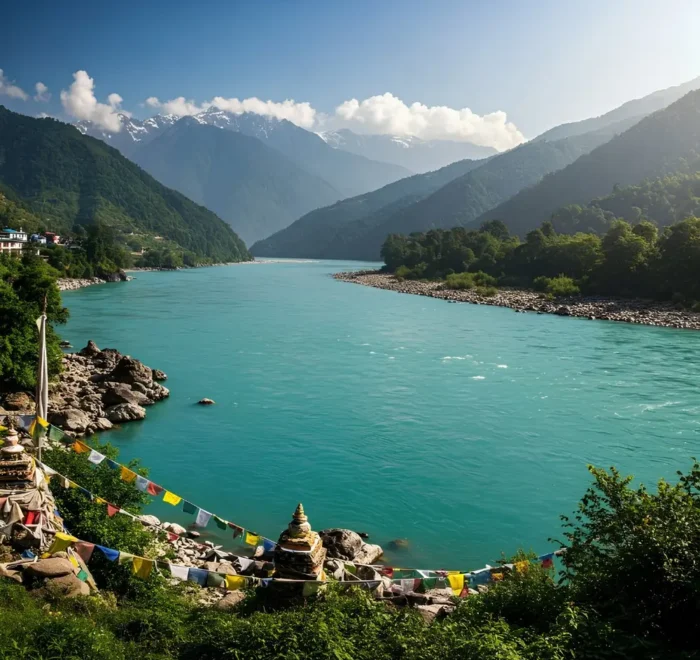 Complete Sikkim Darjeeling Explorer with turquoise river, Himalayan mountains, prayer flags and scenic nature views
