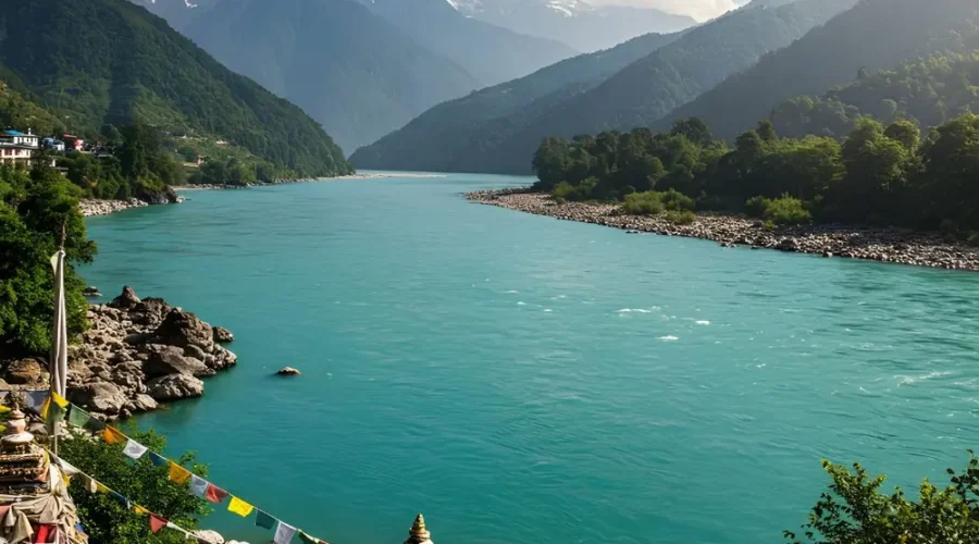 Complete Sikkim Darjeeling Explorer with turquoise river, Himalayan mountains, prayer flags and scenic nature views