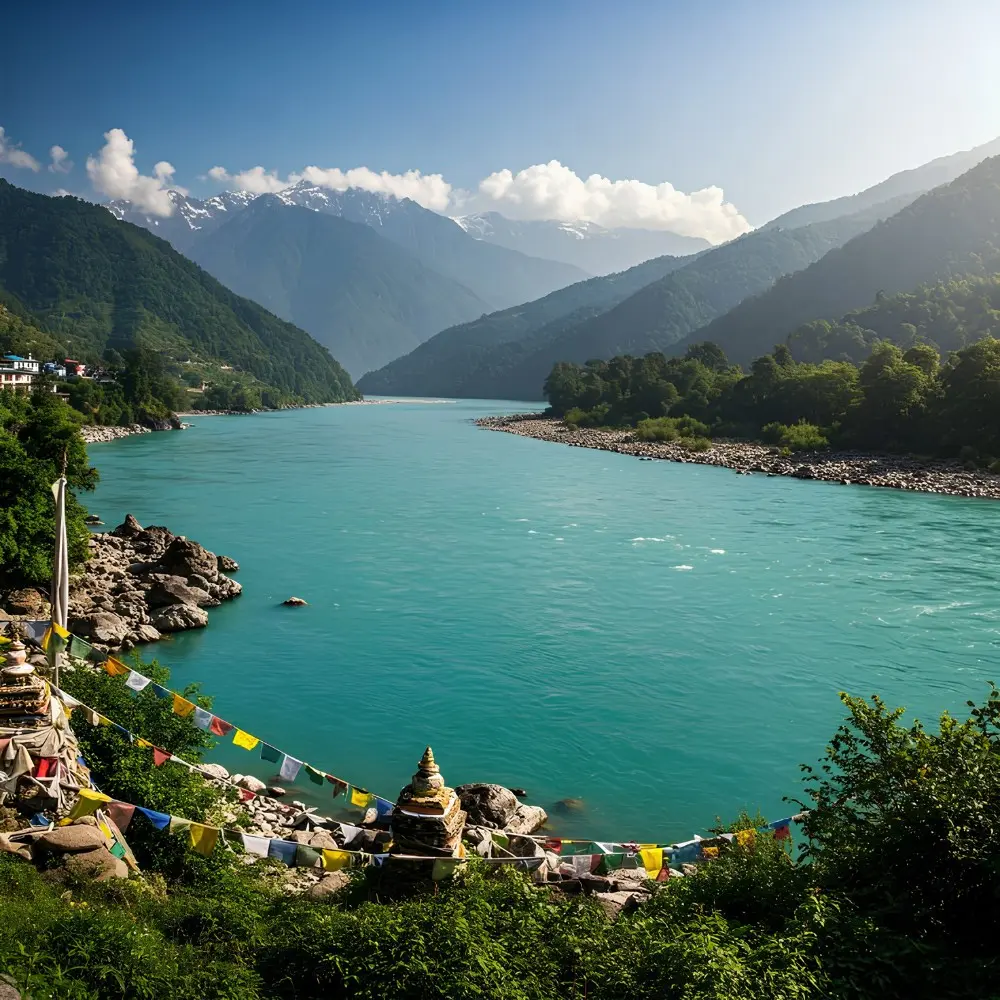 Complete Sikkim Darjeeling Explorer with turquoise river, Himalayan mountains, prayer flags and scenic nature views