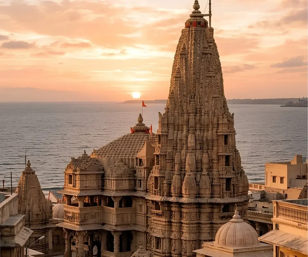 Dwarkadhish Temple in Dwarka Gujarat at sunset with Arabian Sea view and iconic Hindu pilgrimage architecture