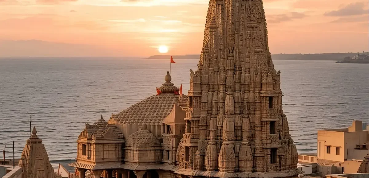 Dwarkadhish Temple in Dwarka Gujarat at sunset with Arabian Sea view and iconic Hindu pilgrimage architecture