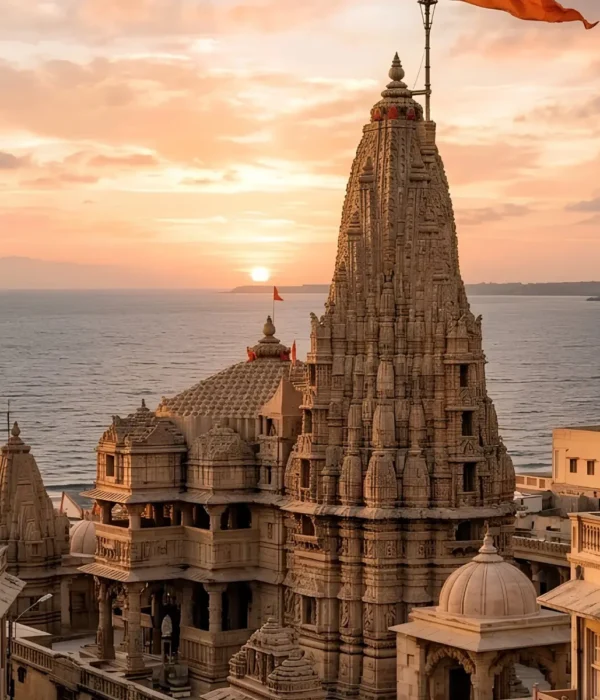 Dwarkadhish Temple in Dwarka Gujarat at sunset with Arabian Sea view and iconic Hindu pilgrimage architecture