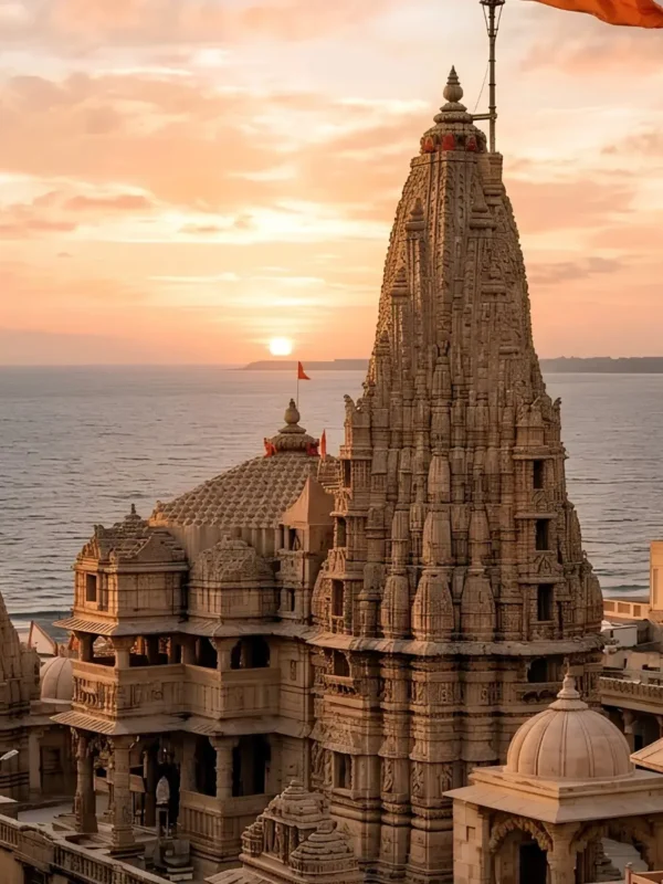 Dwarkadhish Temple in Dwarka Gujarat at sunset with Arabian Sea view and iconic Hindu pilgrimage architecture