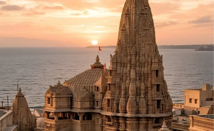 Dwarkadhish Temple in Dwarka Gujarat at sunset with Arabian Sea view and iconic Hindu pilgrimage architecture