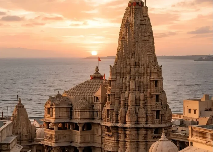 Dwarkadhish Temple in Dwarka Gujarat at sunset with Arabian Sea view and iconic Hindu pilgrimage architecture