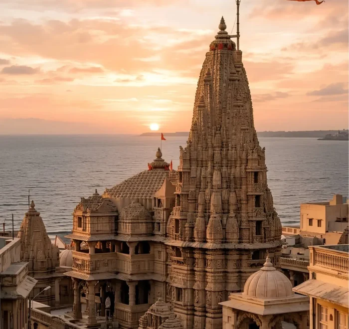 Dwarkadhish Temple in Dwarka Gujarat at sunset with Arabian Sea view and iconic Hindu pilgrimage architecture