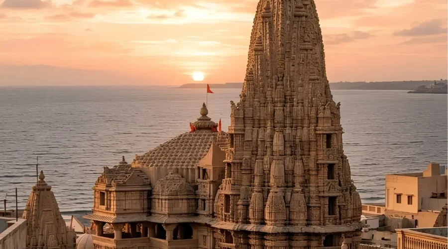 Dwarkadhish Temple in Dwarka Gujarat at sunset with Arabian Sea view and iconic Hindu pilgrimage architecture