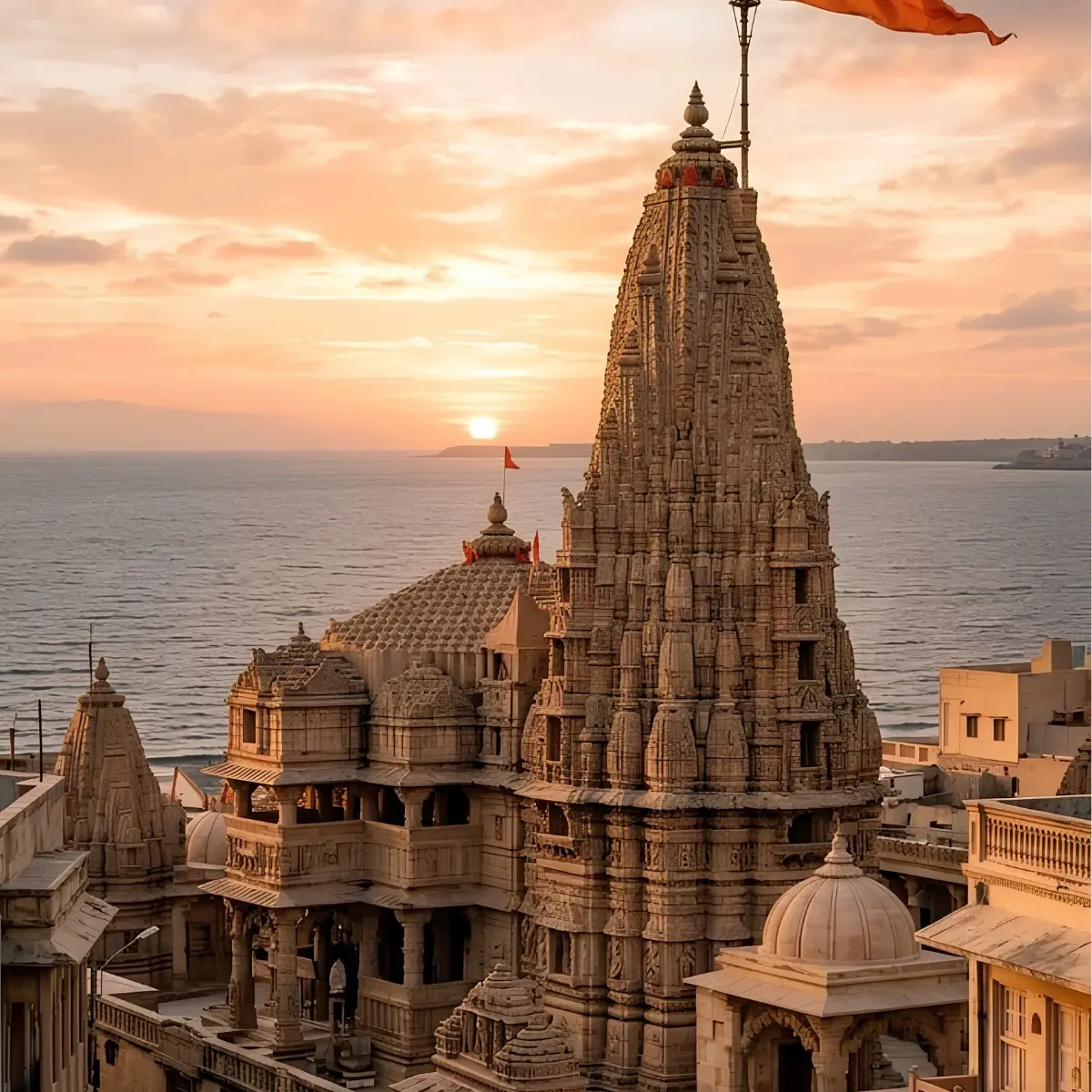 Dwarkadhish Temple in Dwarka Gujarat at sunset with Arabian Sea view and iconic Hindu pilgrimage architecture