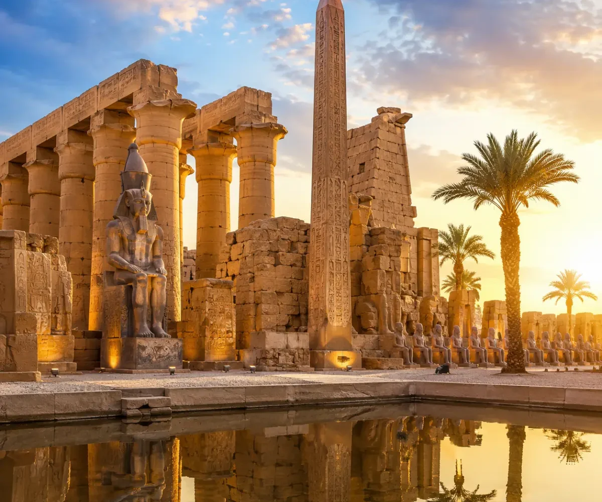 Ancient Luxor Temple with towering sandstone columns, majestic obelisk, palm trees, and reflective water under a bright clear sky in Luxor, Egypt