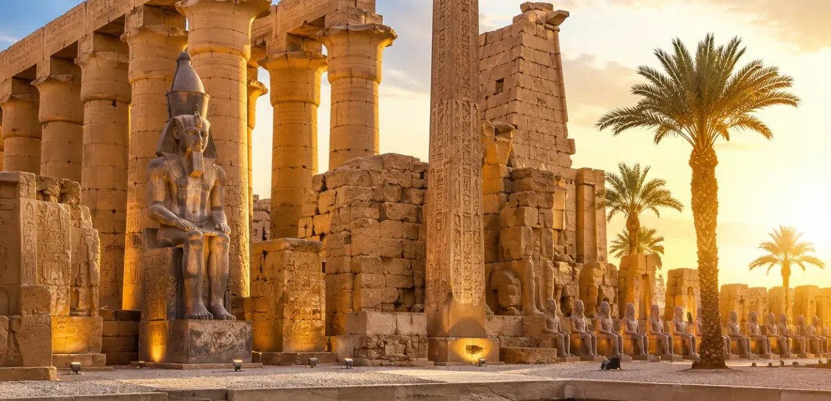 Ancient Luxor Temple with towering sandstone columns, majestic obelisk, palm trees, and reflective water under a bright clear sky in Luxor, Egypt