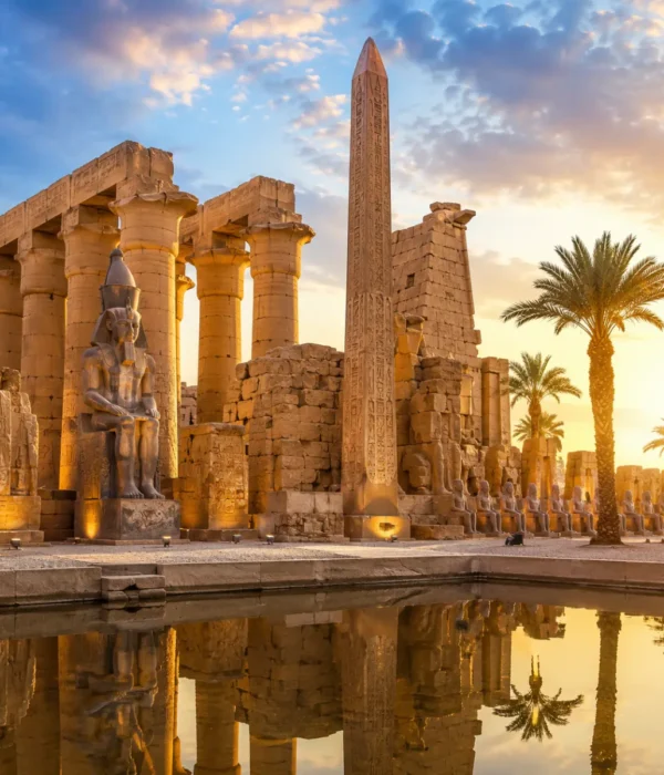 Ancient Luxor Temple with towering sandstone columns, majestic obelisk, palm trees, and reflective water under a bright clear sky in Luxor, Egypt