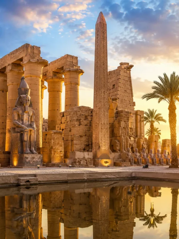 Ancient Luxor Temple with towering sandstone columns, majestic obelisk, palm trees, and reflective water under a bright clear sky in Luxor, Egypt