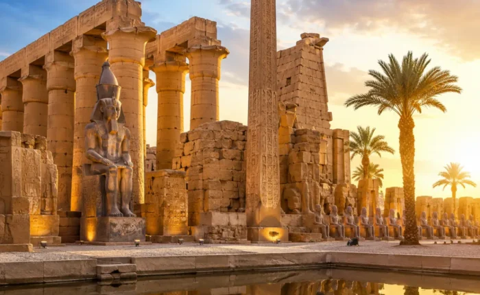 Ancient Luxor Temple with towering sandstone columns, majestic obelisk, palm trees, and reflective water under a bright clear sky in Luxor, Egypt