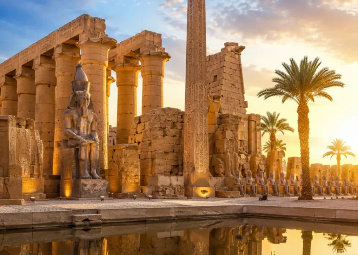 Ancient Luxor Temple with towering sandstone columns, majestic obelisk, palm trees, and reflective water under a bright clear sky in Luxor, Egypt