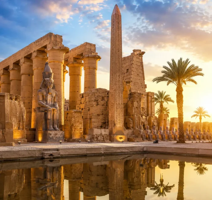 Ancient Luxor Temple with towering sandstone columns, majestic obelisk, palm trees, and reflective water under a bright clear sky in Luxor, Egypt