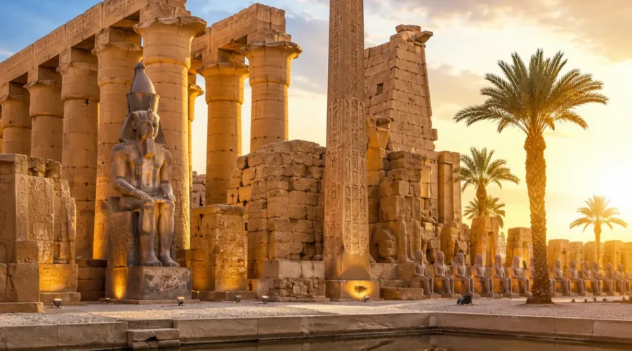 Ancient Luxor Temple with towering sandstone columns, majestic obelisk, palm trees, and reflective water under a bright clear sky in Luxor, Egypt
