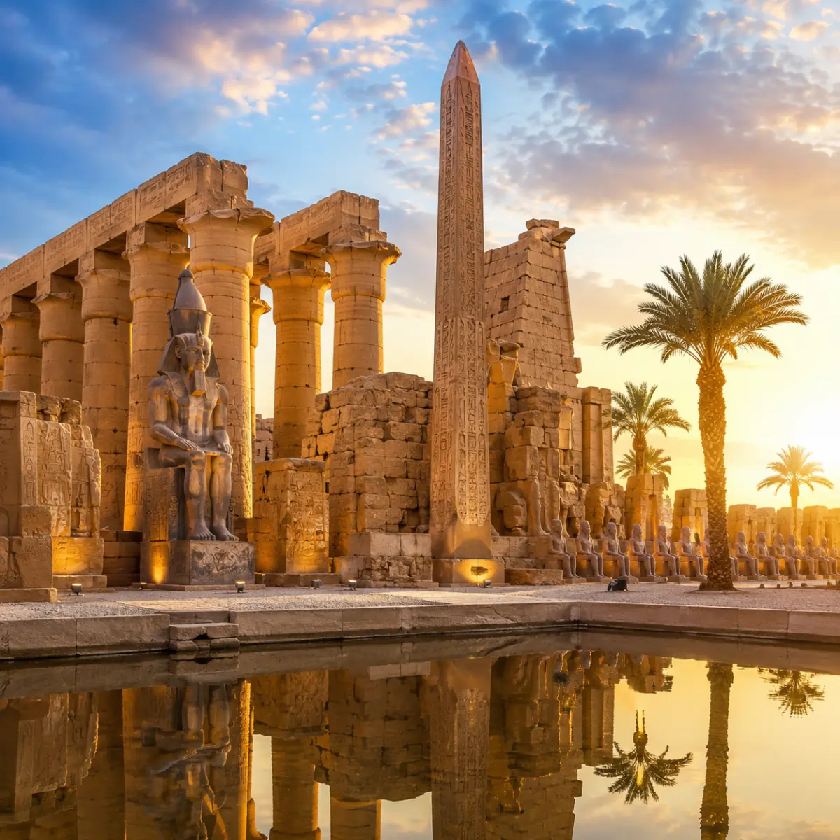 Ancient Luxor Temple with towering sandstone columns, majestic obelisk, palm trees, and reflective water under a bright clear sky in Luxor, Egypt