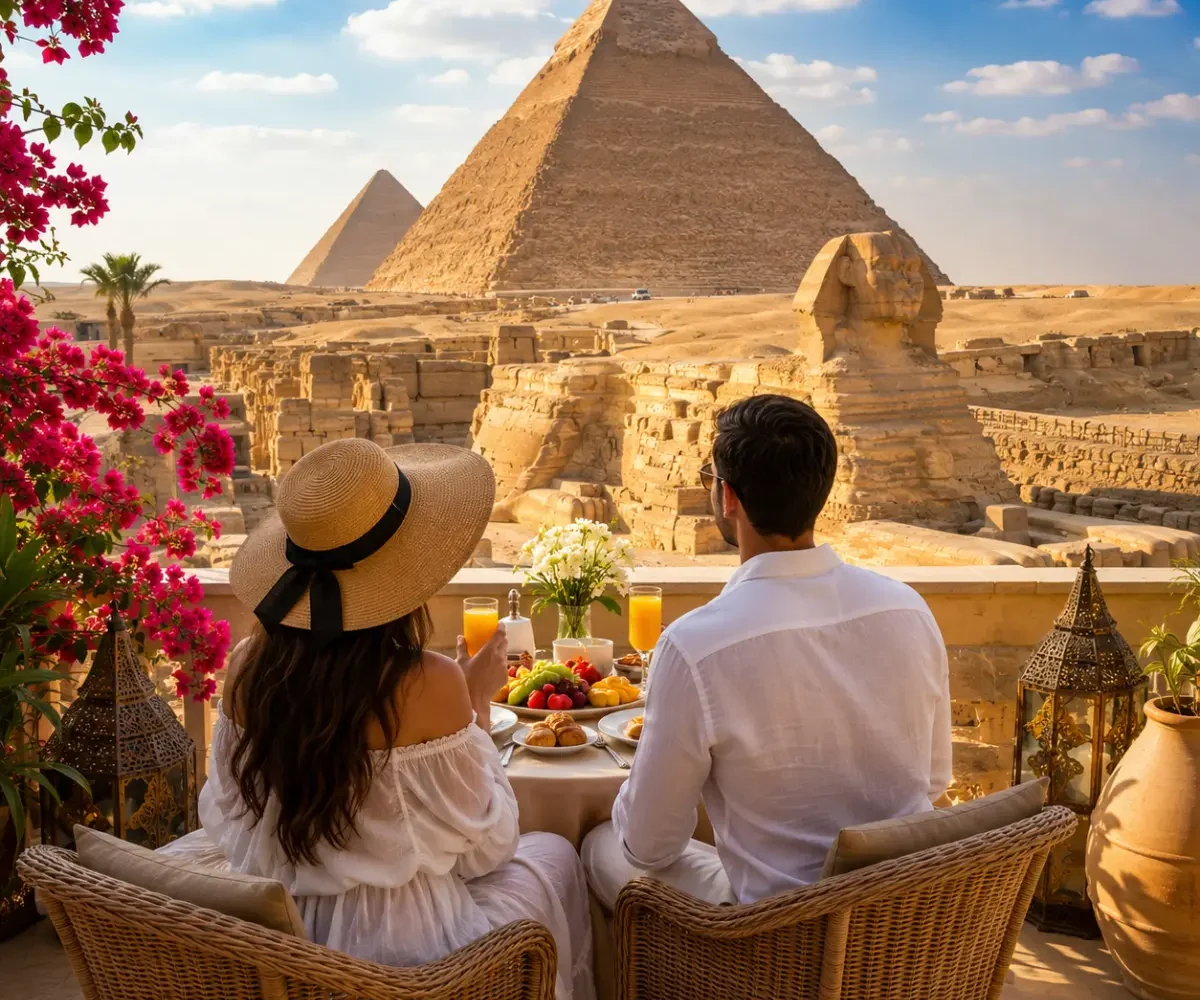 Romantic couple enjoying a private breakfast overlooking the Great Pyramids and Sphinx of Giza during their luxury Egypt honeymoon.