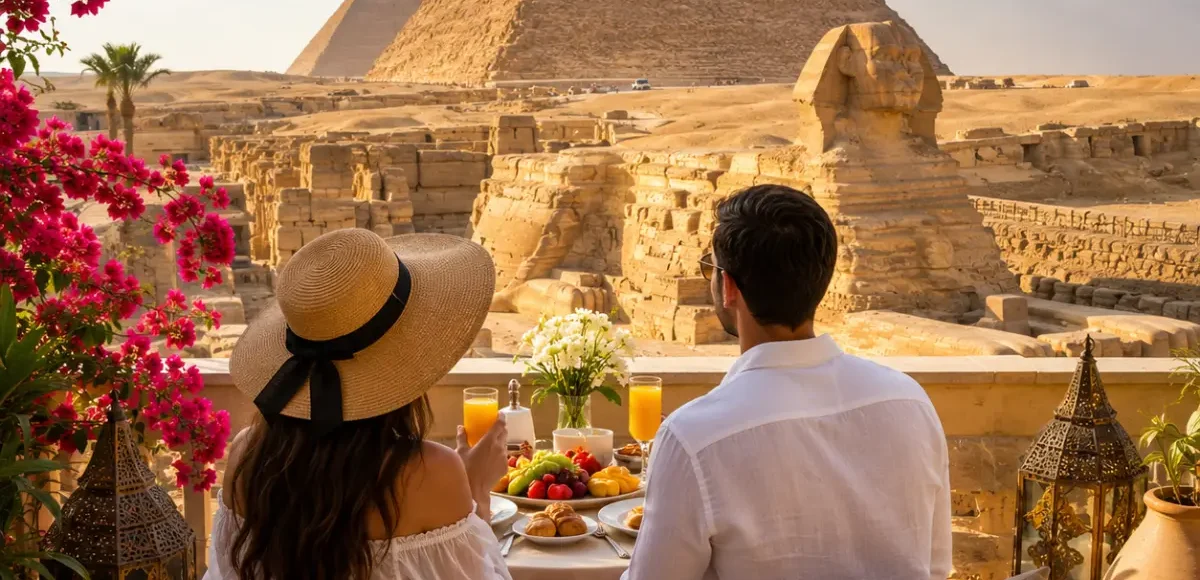 Romantic couple enjoying a private breakfast overlooking the Great Pyramids and Sphinx of Giza during their luxury Egypt honeymoon.