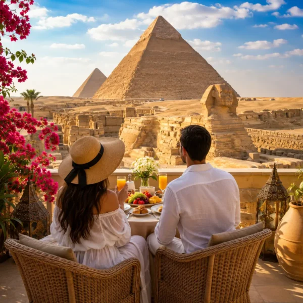 Romantic couple enjoying a private breakfast overlooking the Great Pyramids and Sphinx of Giza during their luxury Egypt honeymoon.