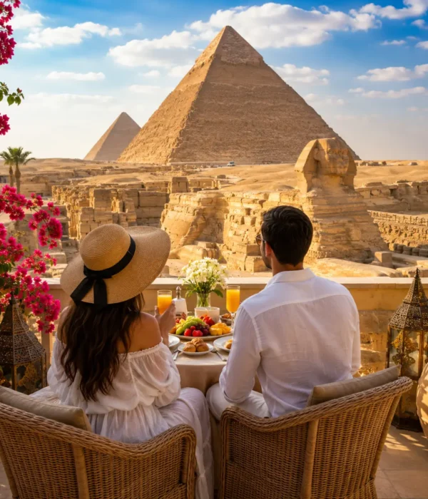 Romantic couple enjoying a private breakfast overlooking the Great Pyramids and Sphinx of Giza during their luxury Egypt honeymoon.