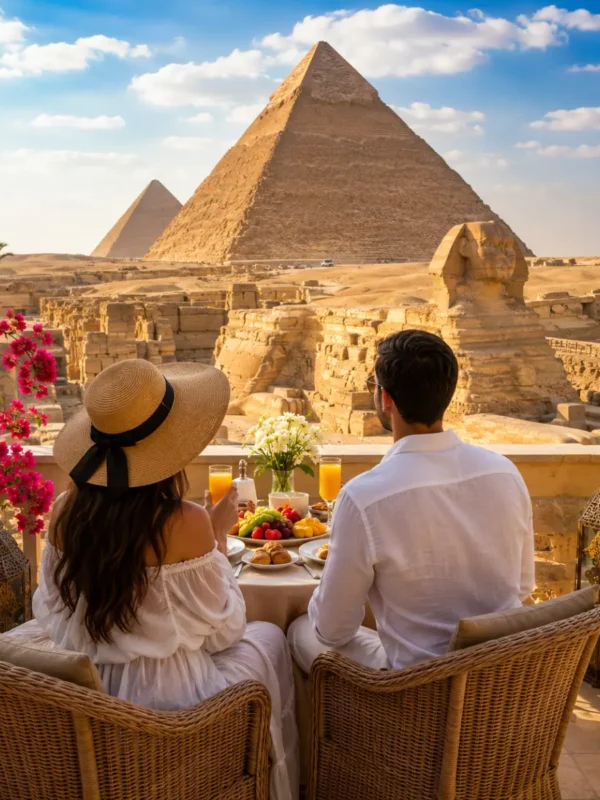 Romantic couple enjoying a private breakfast overlooking the Great Pyramids and Sphinx of Giza during their luxury Egypt honeymoon.