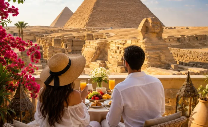 Romantic couple enjoying a private breakfast overlooking the Great Pyramids and Sphinx of Giza during their luxury Egypt honeymoon.