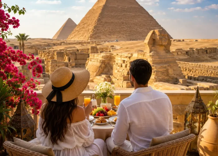 Romantic couple enjoying a private breakfast overlooking the Great Pyramids and Sphinx of Giza during their luxury Egypt honeymoon.