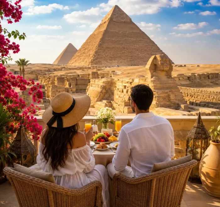 Romantic couple enjoying a private breakfast overlooking the Great Pyramids and Sphinx of Giza during their luxury Egypt honeymoon.