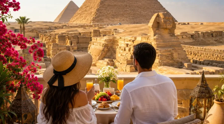 Romantic couple enjoying a private breakfast overlooking the Great Pyramids and Sphinx of Giza during their luxury Egypt honeymoon.
