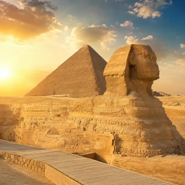 Great Sphinx of Giza with the Pyramid of Khafre in the background under warm golden light in Egypt.