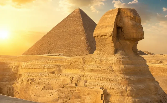Great Sphinx of Giza with the Pyramid of Khafre in the background under warm golden light in Egypt.