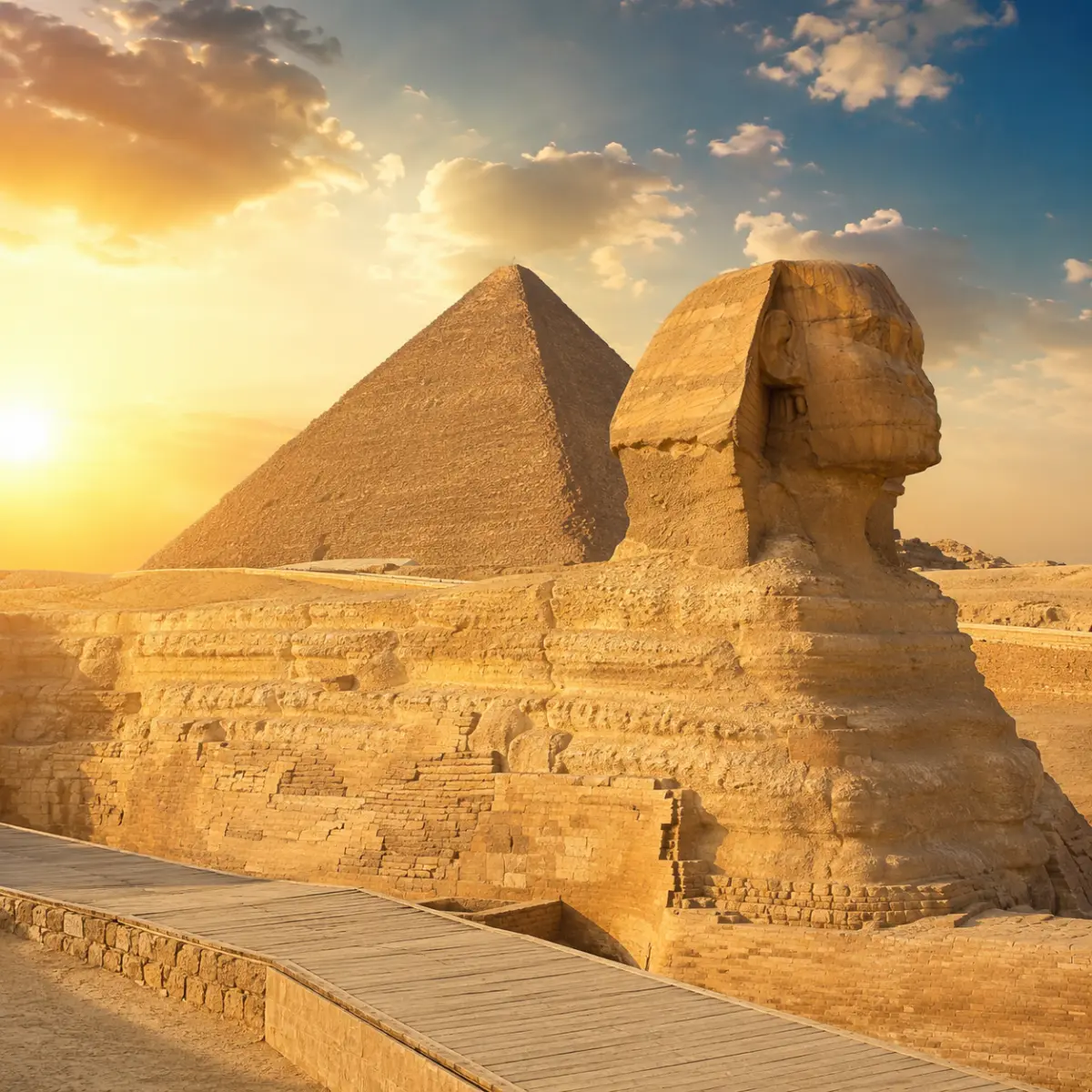 Great Sphinx of Giza with the Pyramid of Khafre in the background under warm golden light in Egypt.