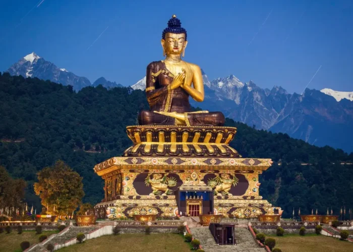 Gangtok Darjeeling package with giant Buddha statue, Himalayan hills, scenic landscape and peaceful mountain tourism view
